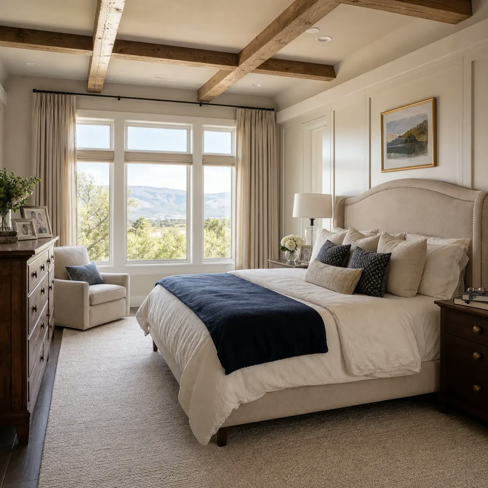 A calm, freshly made bedroom, the kind of clean, comfortable space we help you maintain