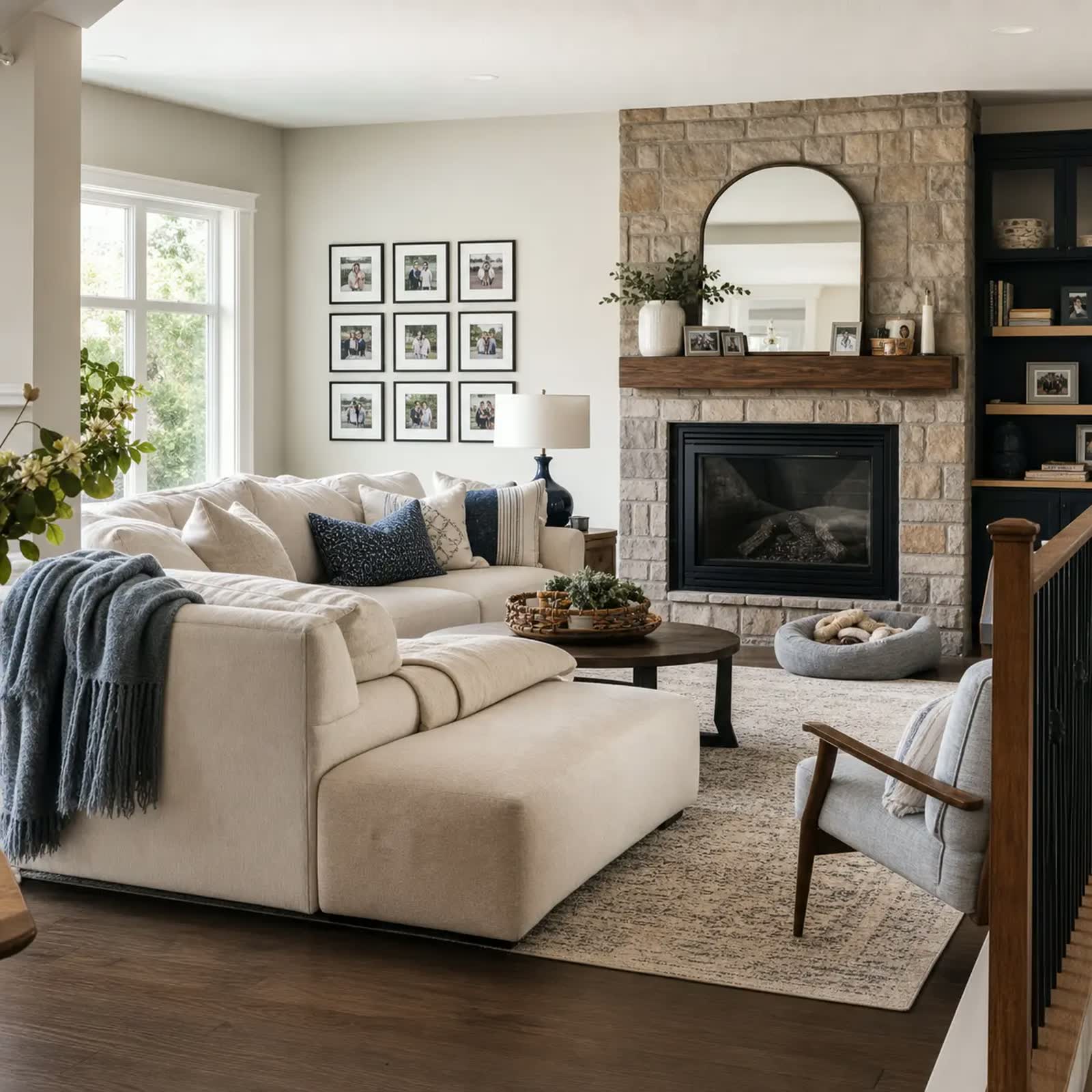 A cozy living room with a stone fireplace, the kind of clean, comfortable space we help you maintain