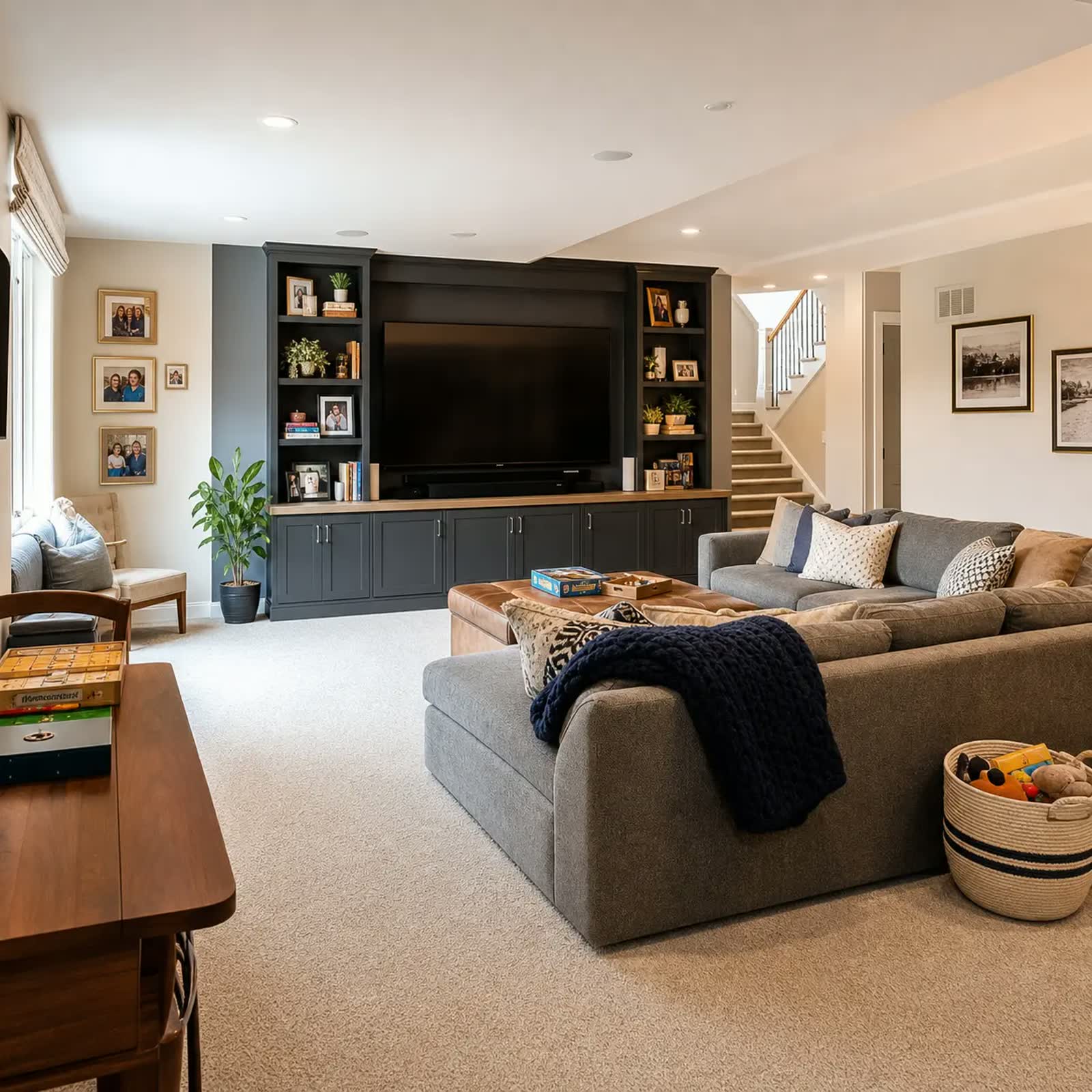 A tidy family media room, the kind of clean, comfortable space we help you maintain